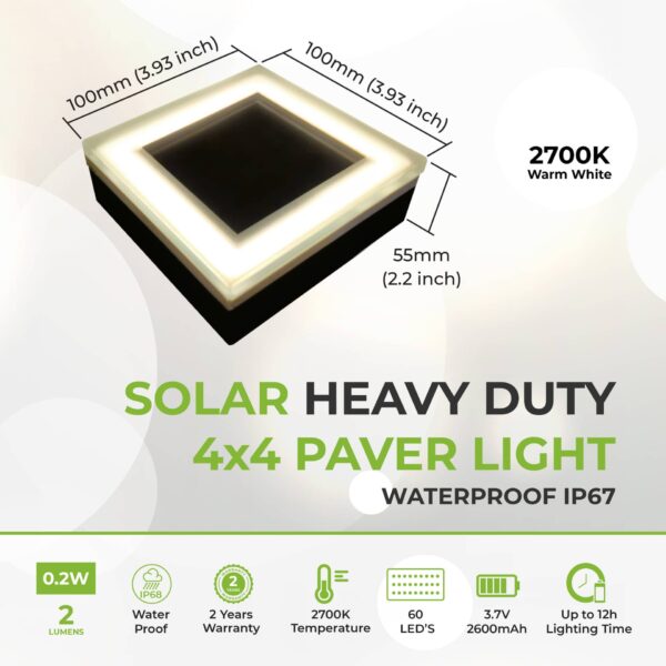 Solar Paver Light 4×4 inch, 2700K Up to 12 Hours of Continuous Lighting, Stainless Steel, Glare-Free for Driveways & Garden, Waterproof & Drive-Over - Image 3