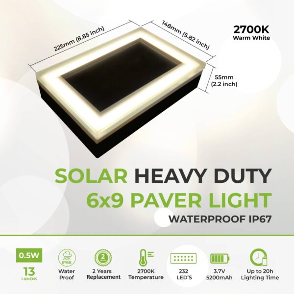 Solar Paver Light 6×9 inch, 2700K Up to 12 Hours of Continuous Lighting, Stainless Steel, Glare-Free for Driveways & Garden, Waterproof & Drive-Over - Image 3
