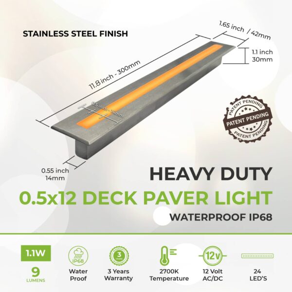 Deck & Paver Light 0.5x12 Inch 2700K For Driveway, Pathway, Patio & Garden, 12V Waterproof  IP68, Drive-Over Rated, Stainless Steel Finish - Image 3