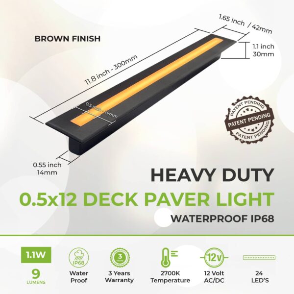 Deck & Paver Light 0.5x12 Inch 2700K For Driveway, Pathway, Patio & Garden, 12V Waterproof  IP68, Drive-Over Rated, Brown Finish - Image 3