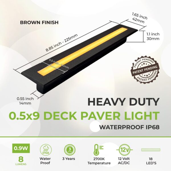Deck & Paver Light 0.5x9 Inch 2700K For Driveway, Pathway, Patio & Garden, 12V Waterproof  IP68, Drive-Over Rated, Brown Finish - Image 3