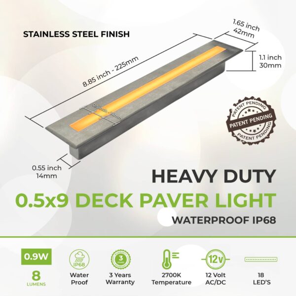 Deck & Paver Light 0.5x9 Inch 2700K For Driveway, Pathway, Patio & Garden, 12V Waterproof  IP68, Drive-Over Rated, Stainless Steel Finish - Image 3