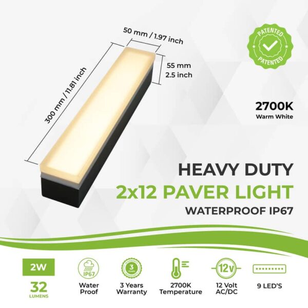 Paver Light 2x12 Inch, 2700K Brick Lighting For Pavers, Driveway, Pathway Patio, & Garden, 12V Waterproof IP67, Drive-Over Rated - Image 2