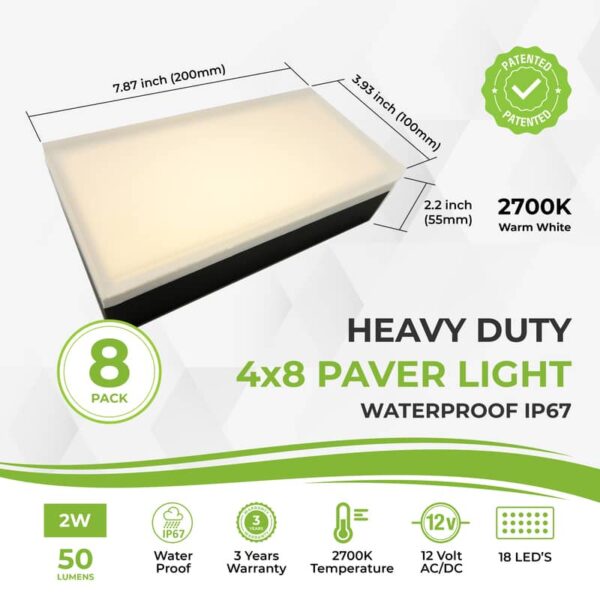 8-Pack Paver Light 4×8 Inch, Glare-Free 2700K Brick Lighting For Paver Driveways, Pathways, Patios & Garden, 12V Waterproof & Drive-Over Rated - Image 3
