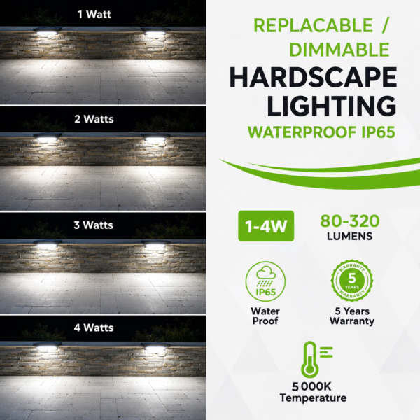 12 inch LED Hardscape Light, 1-4 Watts Dimmable, 5000K, Easy Replaceable Feature, 3 Mounting Plates For Retaining Walls & Outdoor Paver Steps Lighting, Black Finish (6-pack) - Image 3