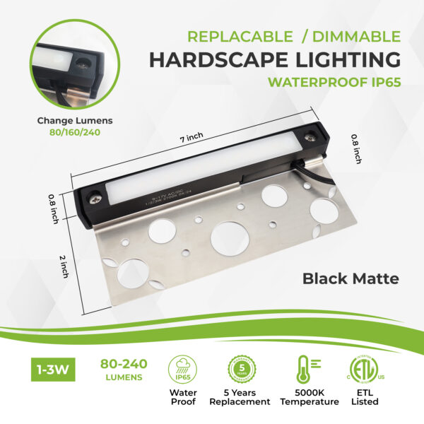 7 inch LED Hardscape Light, 1-3 Watts Dimmable, 5000K, Easy Replaceable Feature, 3 Mounting Plates For Retaining Walls & Outdoor Paver Steps Lighting, 50K Hours Lifespan, Black Finish - Image 2