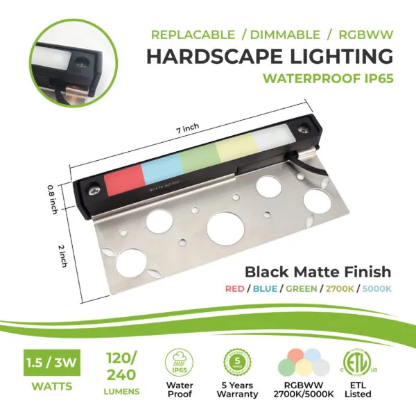 7″ LED Hardscape Light, RGBWW Dimmable, 2700K, Replaceable, 3 Mounting Plates, Retaining Wall & Step Light, Black - Image 2